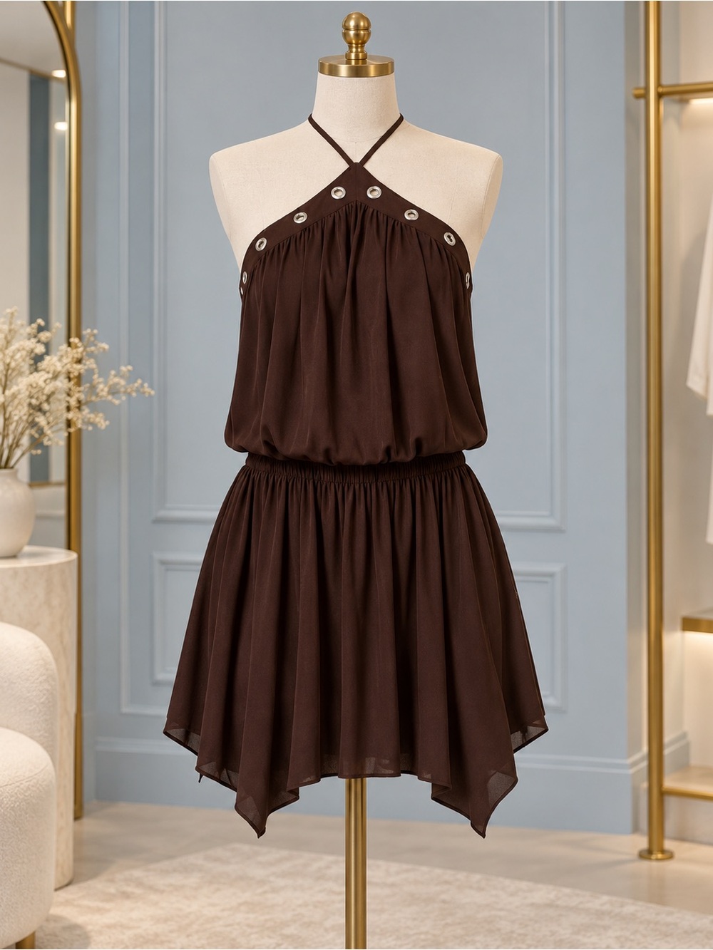 Sleeveless Brown Halter Sundress with Grommet Detail NWT